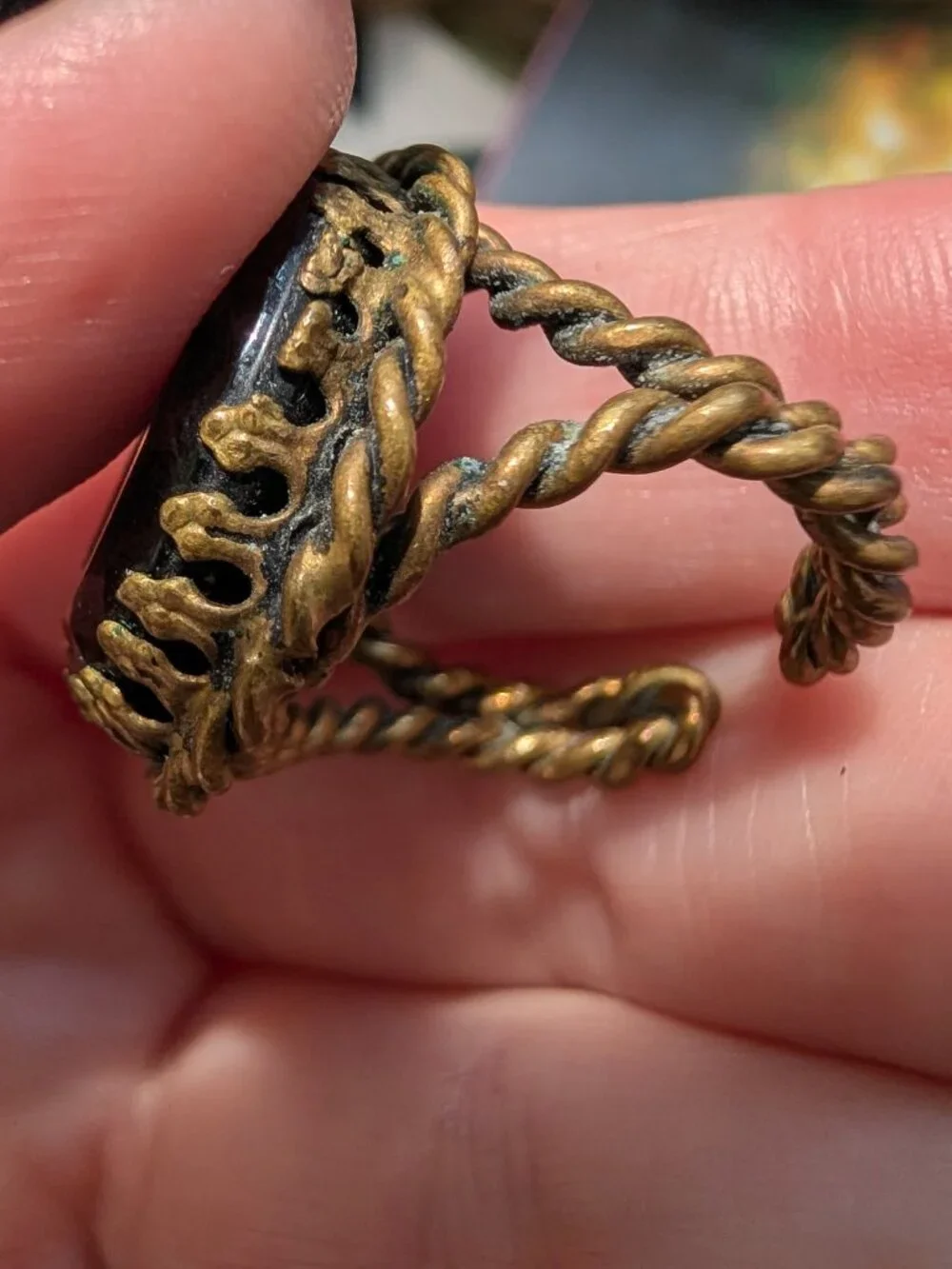 Vintage Jet Black Glass Intaglio Braided Brass Victorian Ring, Size 5.5